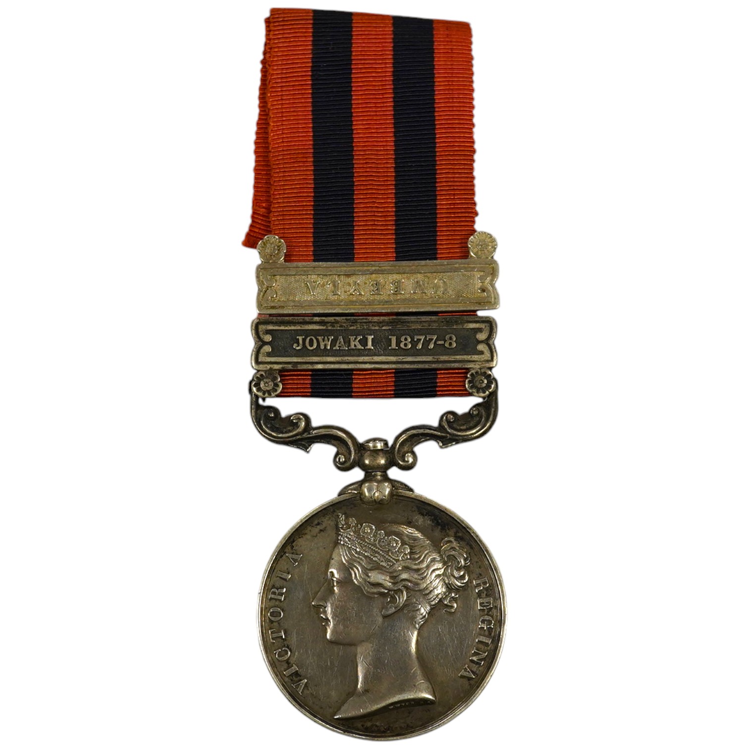 An India General Service Medal with Umbeyla and Jowaki 1877-8 clasps to 268 Pte Edwin Marley 2/9th Foot